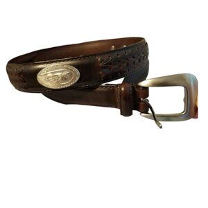 Men's Oil Tanned Brown Woven Leather Belt, Silver Bass Fish Emblems, Sz 34